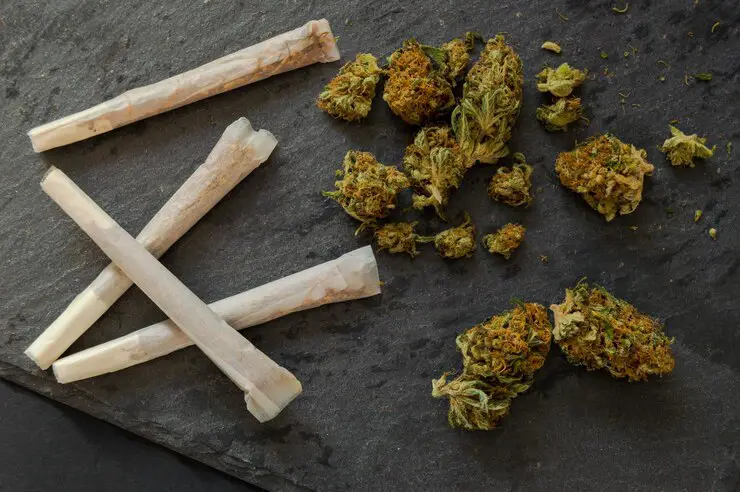 about one A hand holds a pre-rolled joint above scattered cannabis on a dark surface, with a small bowl of loose herb nearby.